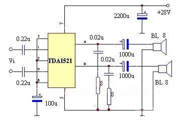 5 -- ±20v),以下是tda1521单电源接法和双电源接法的电路图:   在