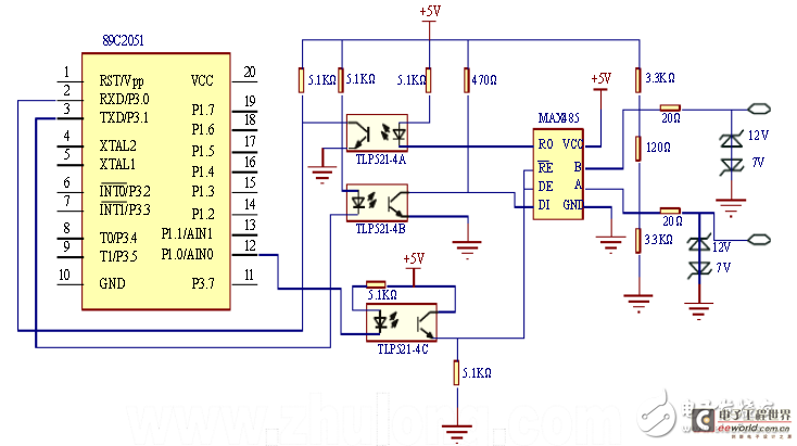 TLP521对通信系统进行光电隔离。从机使用单片机的P1.0控制通信收发器MAX485的工作状态,平时置P1.0为低电平,使从机串行口处于侦听状态。当有串行中断产生时判别是否是本机号,若为本机地址则置P1.0为高电平,发送应答信息,然后再置P1.0为低电平接收控制指令,继续保持P1.0为低电平,使串行收发器处于接收状态;若不是本机地址,使P1.
