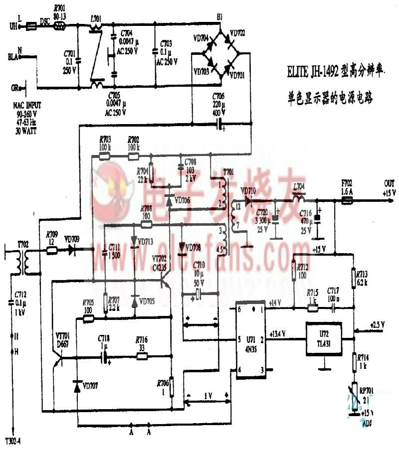 elite jh-1492型高分辨率单色显示器电源电路图