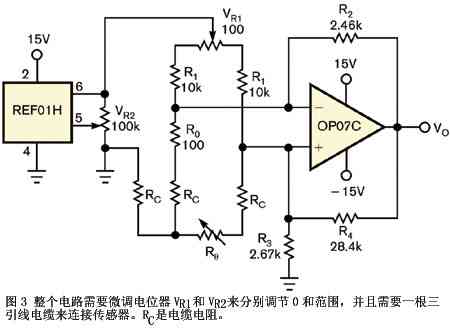 图3整个电路需要微调电位器VR1和VR2来分别调节0和范围并且需要一根三引线电缆来连接传感器RC是电缆电阻