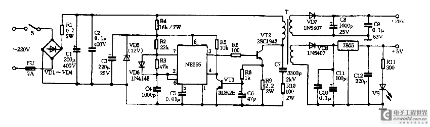 ne555和r2,r3,c4,vd6等元件组成多谐振荡电路,其频率约20khz.