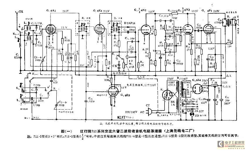 红灯牌711系列交流六管二波段收音机电路原理图(上海无线电二厂)