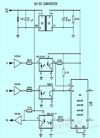 此電路採用雙電源(dc/dc電源模塊)給隔離型放大器供電