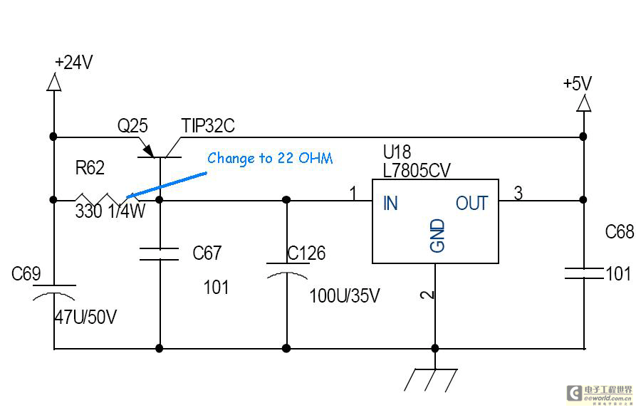 主要元件: tip32c  (st) l7805cv (st) 图中的r62,在实际应用中已经